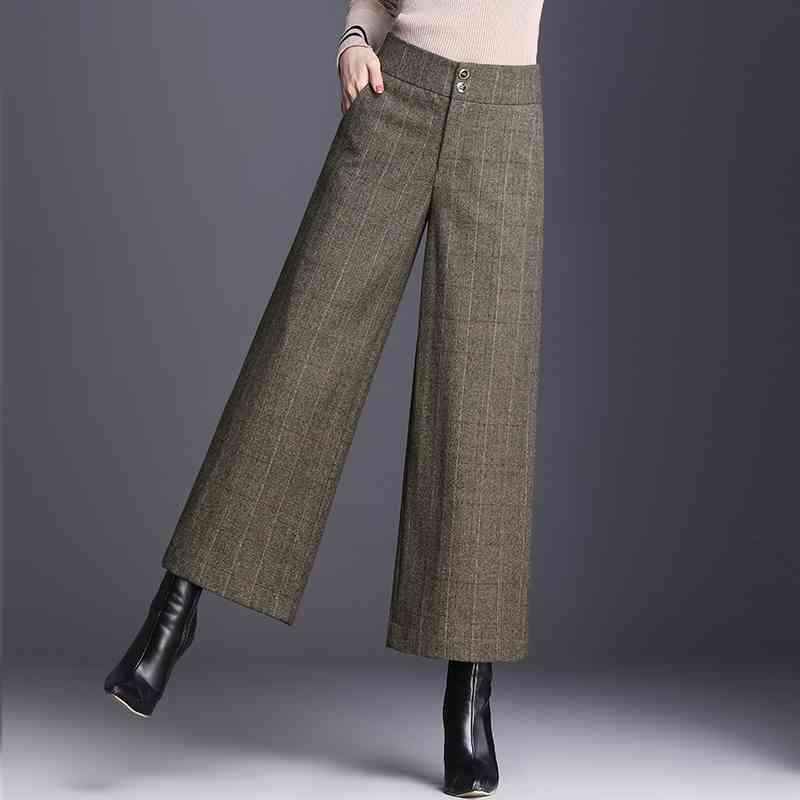 Women's woollen broad Legged Pants women's Autumn Winter High Waist Nine Point Straight Loose Thin Woolen Plaid 668i 210420