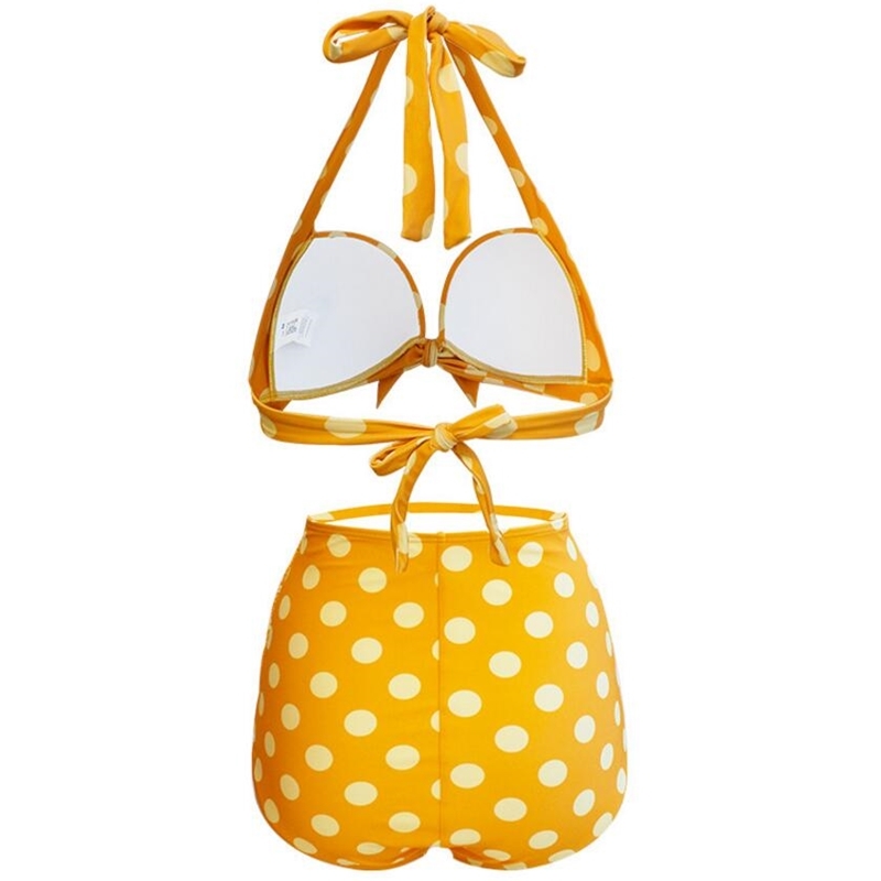 Retro Beach Set Sexy Bow Bandage Halter Collar Slim Ruched High waist Polka Dot Swim Bikini Women Bathing Suit Swimwear Swimsuit 210429