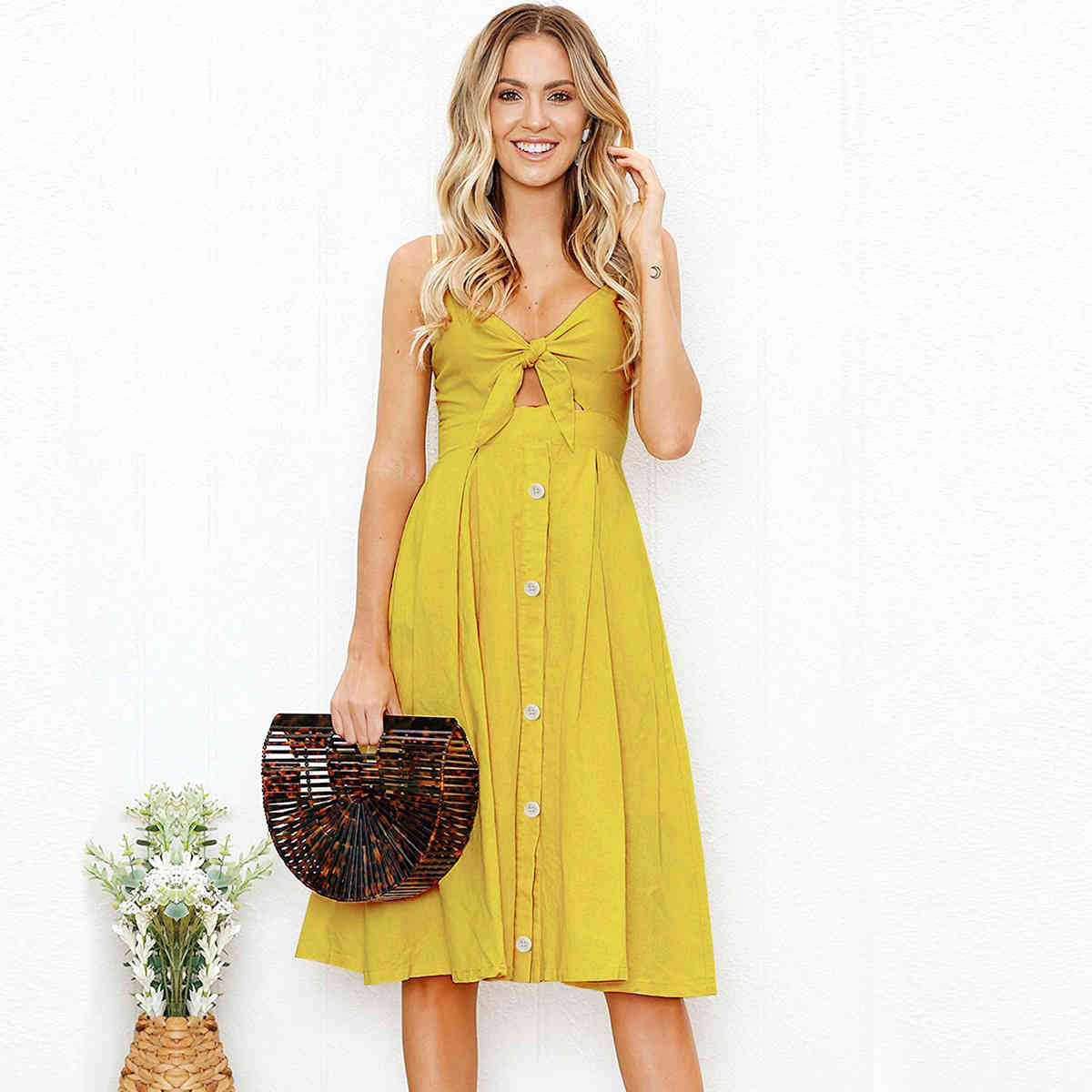 Vintage Casual Sundress Women's Sling V Neck Hollow Out Bow Backless Buttons Midi Dress Summer Boho Floral Sexy Dresses 210522