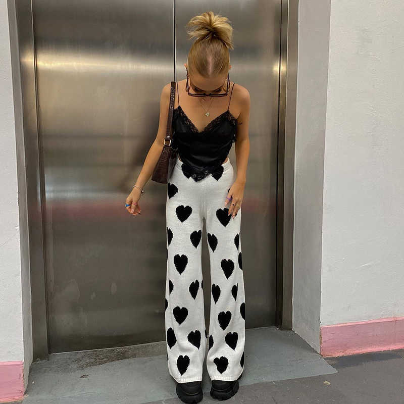 Rapwriter Black Heart Printed Knitted Oversized Wide Leg Pants Women High Waist Baggy Sweatpants White Trouser Streetwear 211115