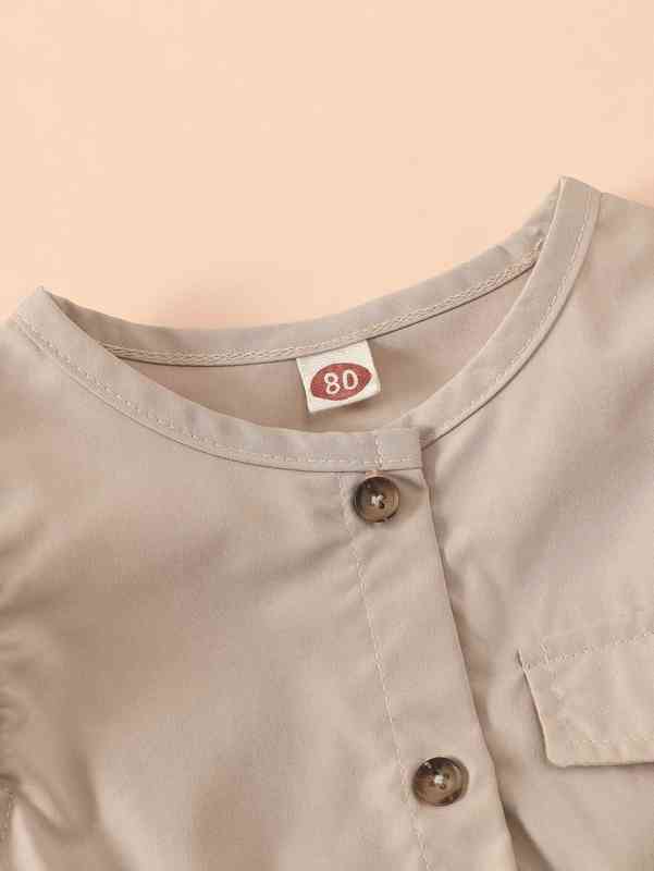 Baby Ruffle Trim Half Button Flap Detail Belted Romper SHE