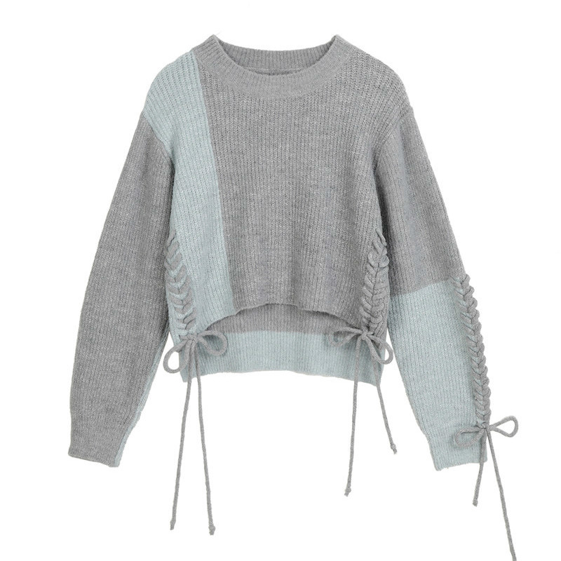 Bandage Streetwear Sweaters Women Tops Vintage Contrast Color Bow Pullovers Fashion Ropa Mujer Korean Clothing 19615 210415