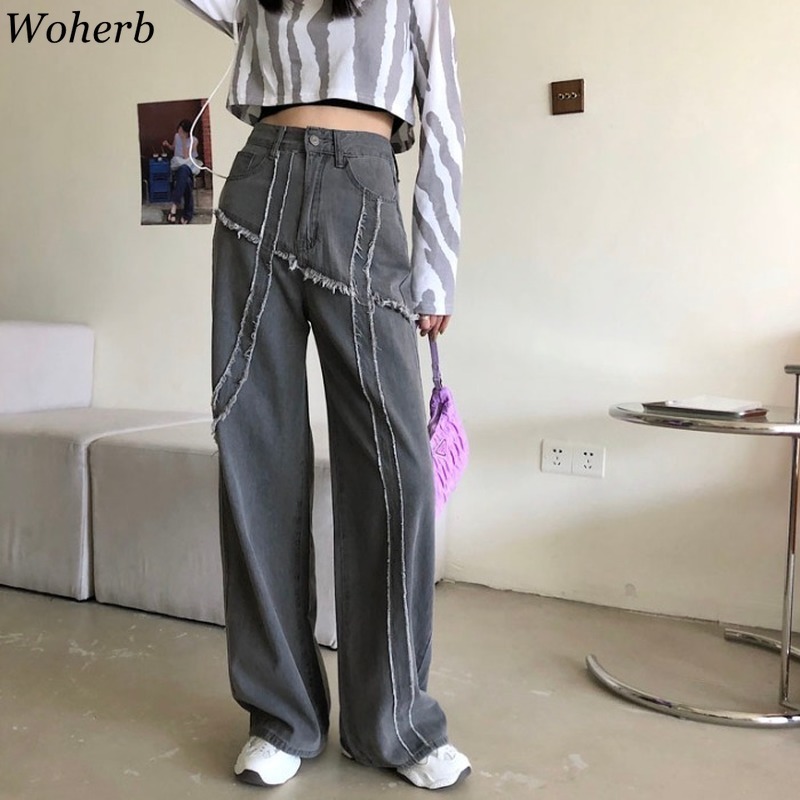 Jeans Woman High Waist Wide Leg Trousers Tassel Patch Harajuku Womens Loose Daily Setreetwear Hip-hop Pants 210422