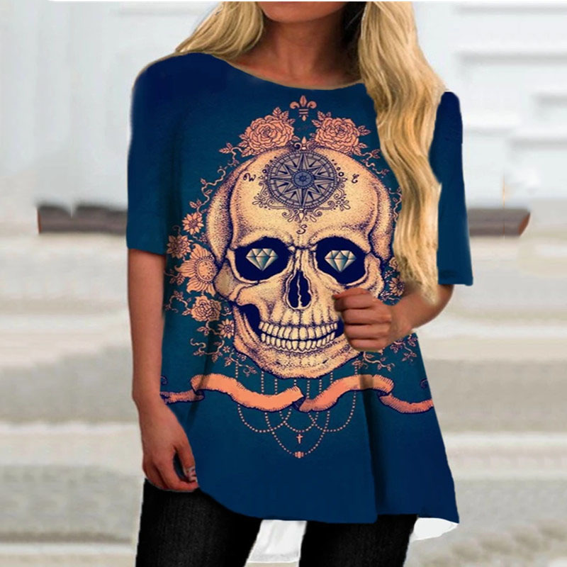Ladies Summer Pure Color T-shirt Skull Print Half Sleeve Round Neck Turtleneck Irregular Top Fashion Casual Loose Short Sleeve 210515