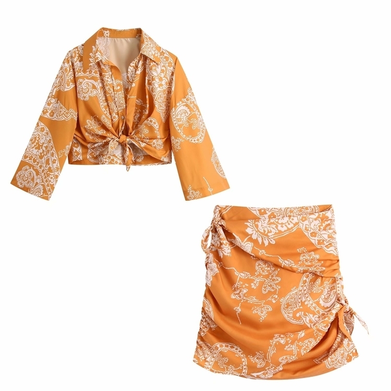 Two Piece Set Women Fashion Printed Bow Crop Shirt Vintage Shirring Mini Skirt Summer Woman Outfit Dress Sets Suits 211106