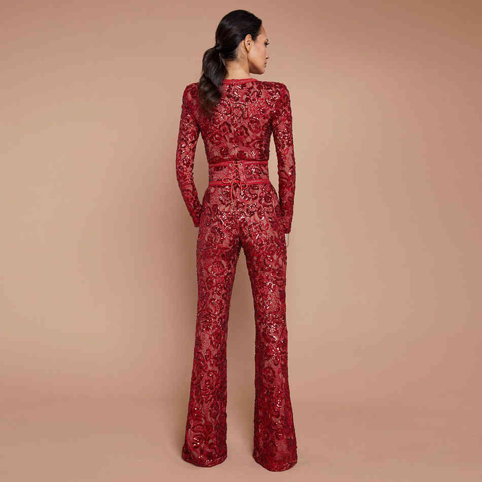 Spring Women Red Sequins Bandage Jumpsuits Sexy O Neck Long Sleeve& Full Pants Club Party Casual Rompers 210423