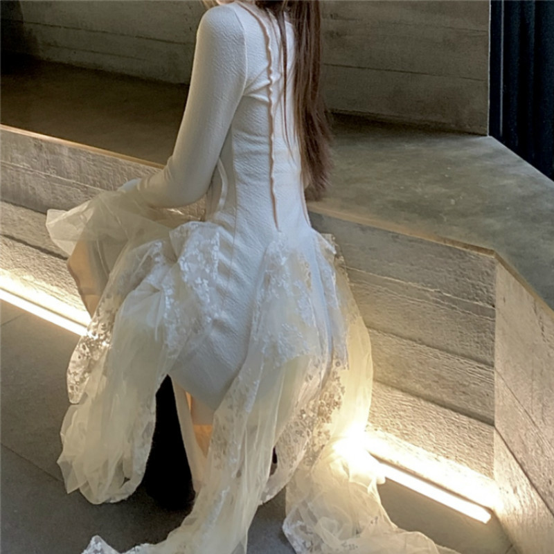 Spring Elegant Lace Dress Women Casual Long Sleeve Slim Sweet Dress Korean French Vintage Party Dress Female 210521