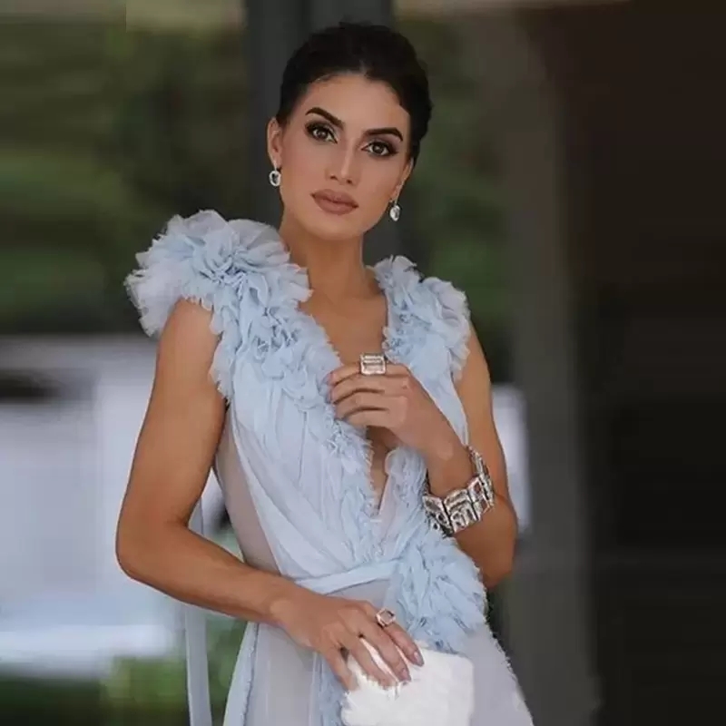 Deep V-Neck A-Line Evening Dresses Sleeveless Ruffled Sexy See Through High Split Floor Length Prom Dress Party Gownsm68 0510