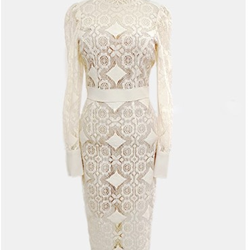 Korea Ladies white Lace Stand Neck Puff Long Sleeved High Waist Slim Pencil Bodycon Midi Sexy Full Party Dress 210519