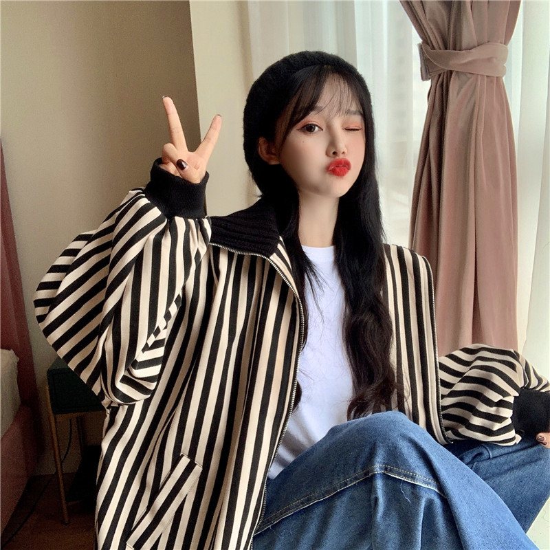 Nomikuma Autumn Winter Korean Causal Striped Women Jakcet Long Sleeve Zipper Turn-down Collar Coat New Femme Outwear 6C773 210427