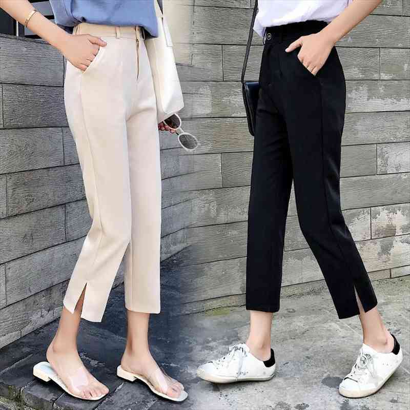tingyili korean style summer women suit pants high waist black pants with slit elegant ladies girls casual, Black;white
tingyili korean style summer women suit pants high waist black pants with slit elegant ladies girls casual, Black;white