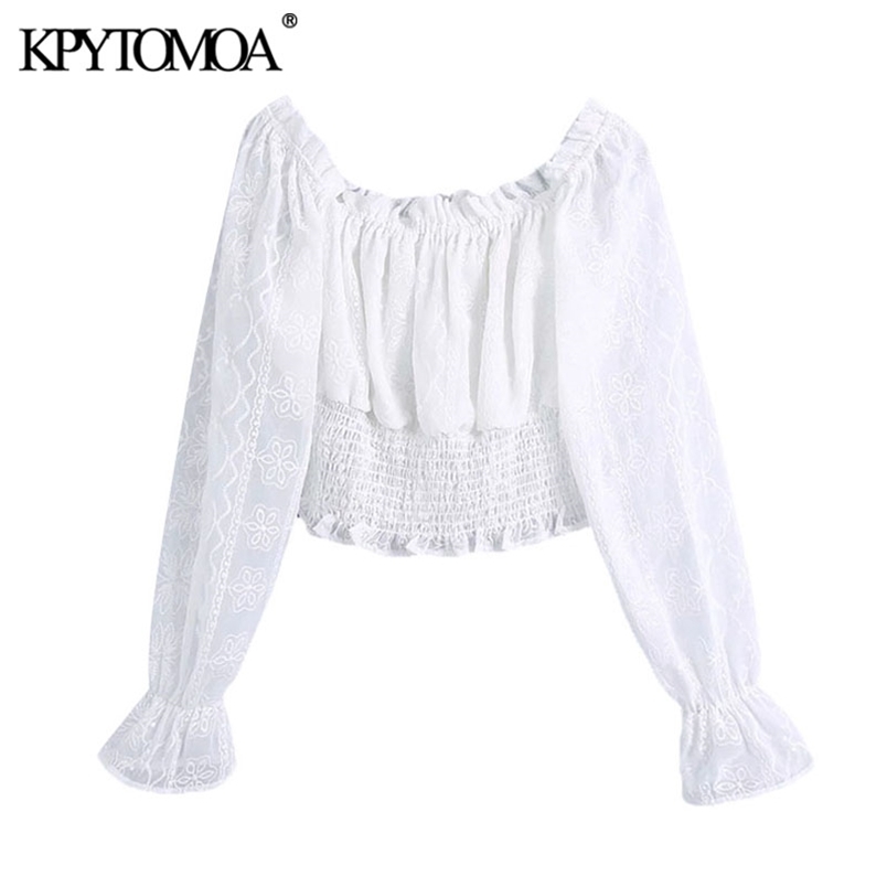 Women Sweet Fashion Embroidery Organza Cropped Blouses Long Sleeve Elastic Hem Female Shirts Chic Tops 210420