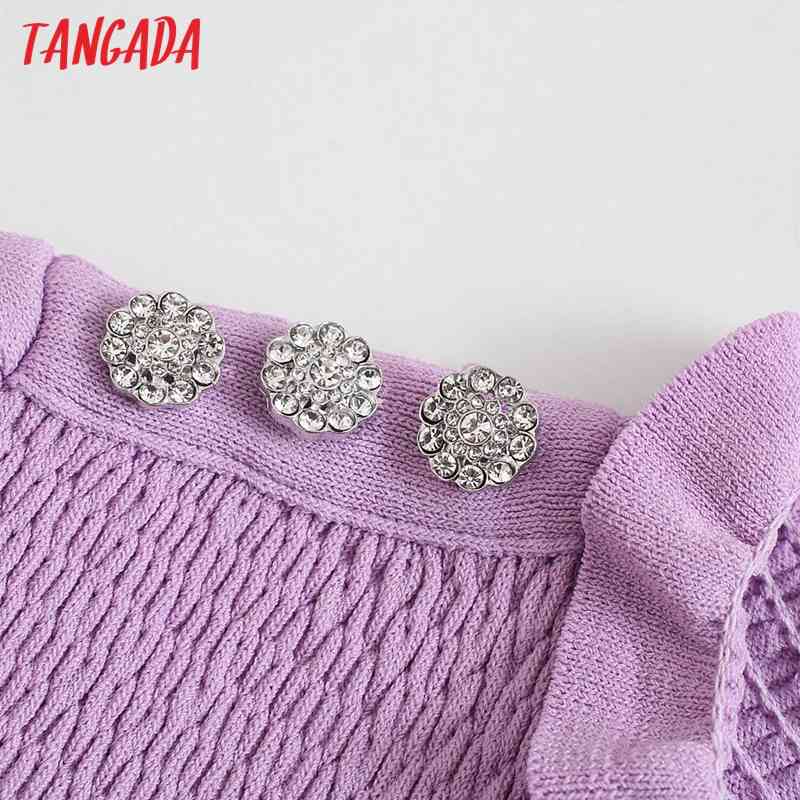 Women Fashion Beading Buttons Strethy Cropped Knitted Sweater Puff Sleeve Ruffled Female Pullovers Chic Tops BE494 210416