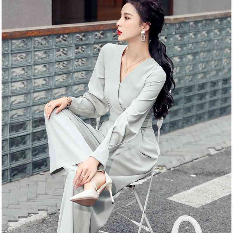 Spring Women's Temperament V-Neck High Waist Wide-Leg Rompers Jumpsuit Ladies Casual Loose Combinaison Femme Pantalo 210520