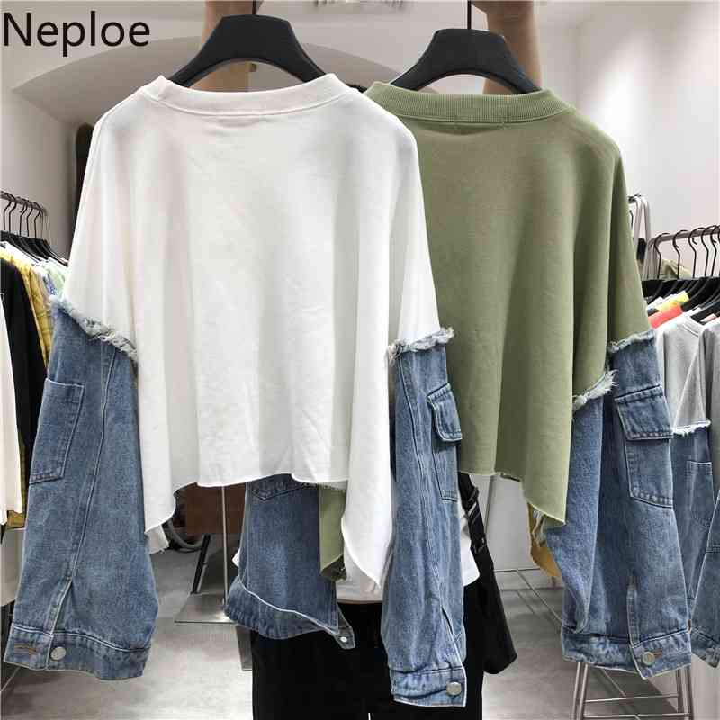 Neploe Korean Fashion Sweatshirts Women Patchwork Jeans Contact Color Hoody O-neck Batwing Sleeve Hoodies Loose Causal Tops 210422