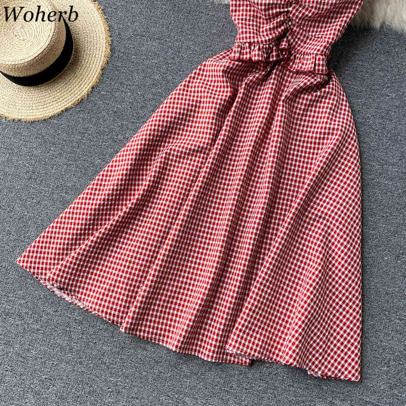Sweet Woman Dress Chic Flying Sleeve Sling Vestidos Mujer Summer Vintage Plaid Robe Slim Waist Fashion Ruffles Dresses 210519