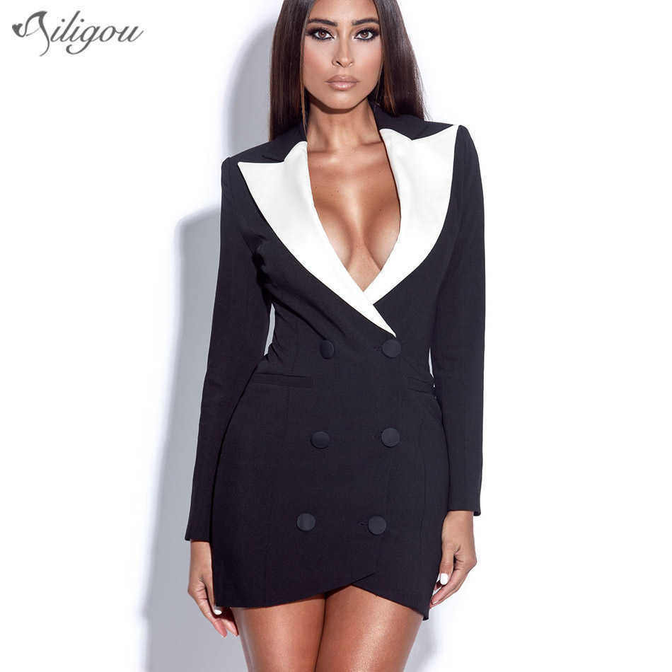 Summer Ladies Mini Black Blazer Dress V-neck Button Sexy Long Sleeve Tights Jacket Celebrity Club Party 210527