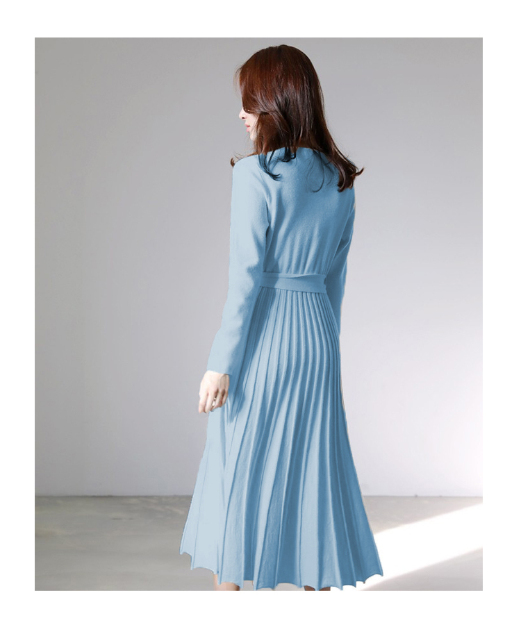 Fashion Women Sweater Knitting Dress Autumn Winter solid color Sexy V-Neck Long Sleeve Knitted Casual Pleated Dress 210518