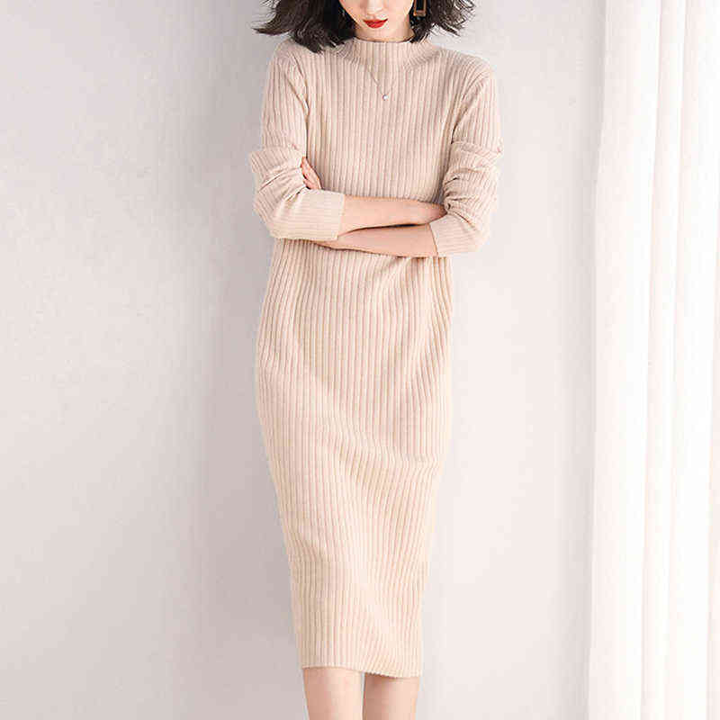 High Quality Sweater Dress for Women Knee-length Solid Color O-Neck Pullover Thick Autumn and Winter Brief Red Pink Black 211206