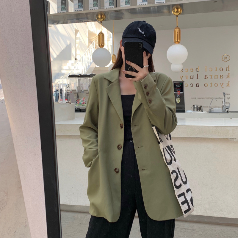 Korean Green Large Size Brief Solid Outwear Coats Streetwear OL Blazers Chic Vintage All Match Loose Stylish Jackets 210421