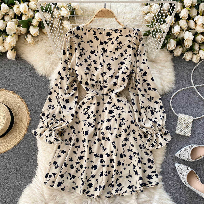 Women Fashion Ins V Collar Long Sleeve Draw Rope Pleated Slim Flower Print A-line Dress Vestidos De Mujer R942 210527
