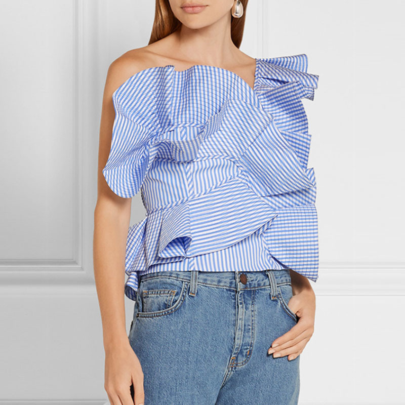 VGH Patchwork Elegant Striped Shirts For Women Skew Collar Sleeveless Off Shoulder Irregular Hem Ruffles Blouses Female Clothing 210421