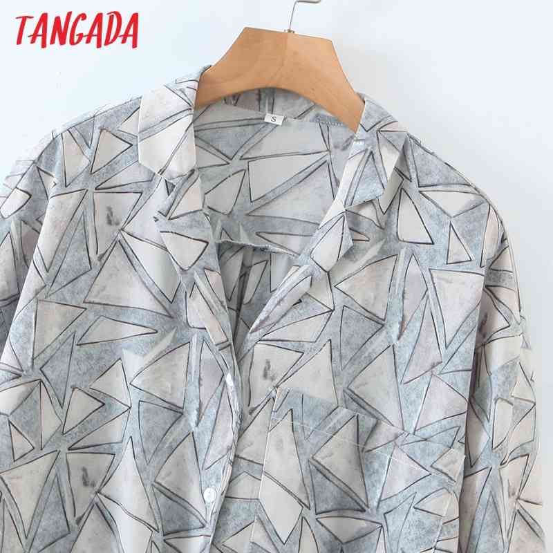 Women Retro Geometry Print Crop Long Sleeve Chic Female Loose Shirt Tops QW91 210416