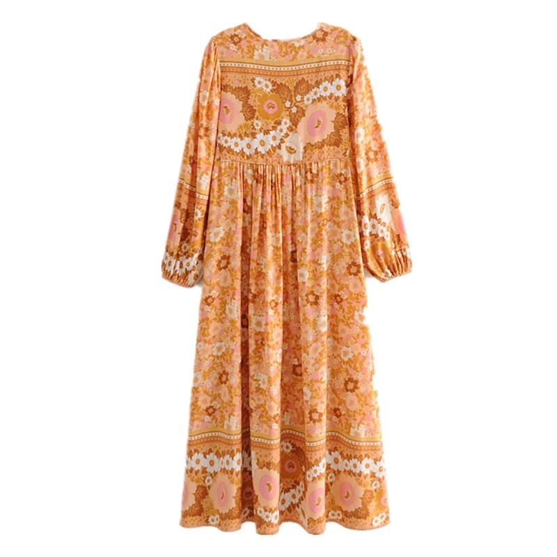 Bohemia Bandage Lacing up Collar Contrast color Flower Print Dress BOHO Woman Long Sleeve Maxi Holiday Dresses Beach 210429