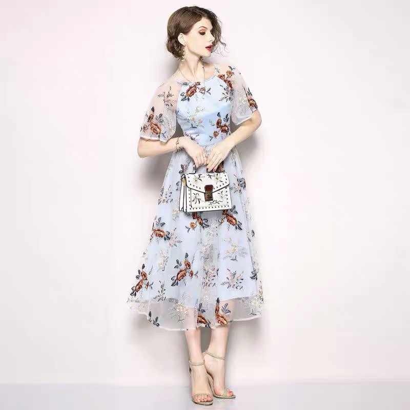 elegant summer maxi dress women light blue flower mesh dresses embroidery floral prairie chic drees beach vestidos mujer 210421