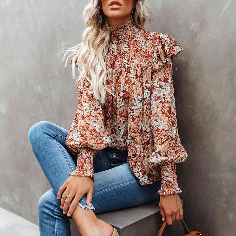 Foridol Floral Print Boho Autumn Winter Ruffle Blouse Tops Women Long Sleeve Turtleneck Red Office Ladies Casual Blouse Shirts 210415