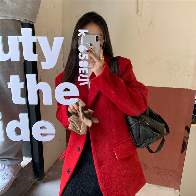 Office Lady Outerwear Woolen Warm Loose Chic Vintage Casual Women Blazers Jacket Streetwear Coats Long Sleeve 210421