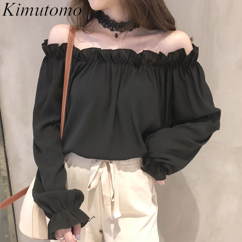 Kimutomo Sexy Off Shoulder Slash Neck Blouse Shirt Hong Kong Style Women Solid Flare Sleeve Chiffon Tops Chic 210521, White
Kimutomo Sexy Off Shoulder Slash Neck Blouse Shirt Hong Kong Style Women Solid Flare Sleeve Chiffon Tops Chic 210521, White