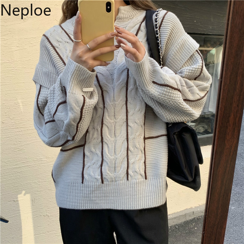 Neploe Vintage Knitted Sweaters for Women Overiszed Outwear Temperament Pullovers V-neck Ribbed Jumper Coat Pull Femme 4G825 210422