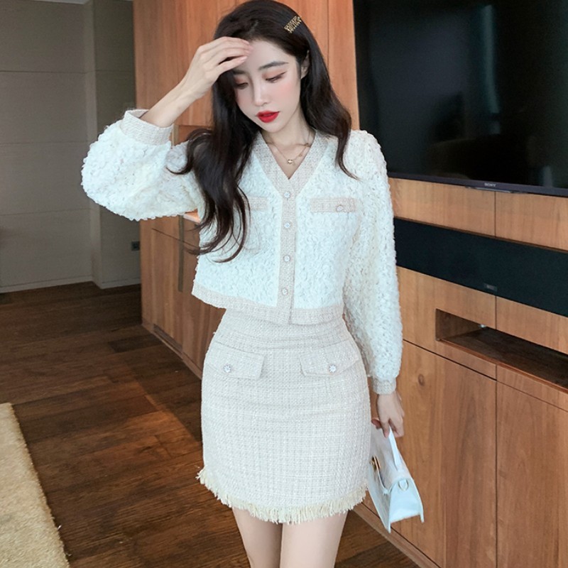 Autumn Fashion Two piece Set Women Tweed patchwork Long Sleeve Crop Tops + Tassel Bodycon Mini Skirt Suits 210518