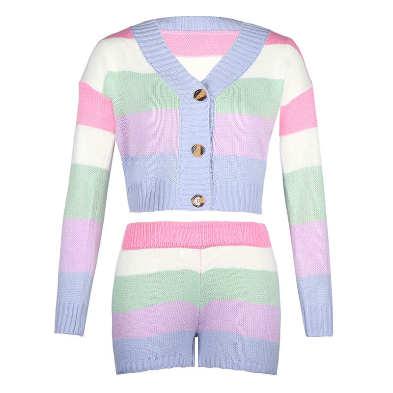 Nomikuma Rainbow Stripe 2piece Sweater Sets Long Sleeve V-neck Knitted Cardigan Coat + Stretch Waist Shorts Women Outfits 6C357 210427