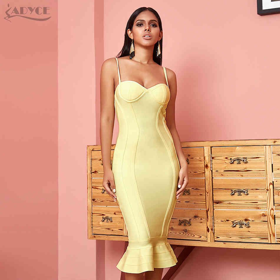 Summer Women Bodycon Bandage Dress Sexy Spaghetti Strap Sleeveless Mermaid Club Midi Celebrity Party 210423