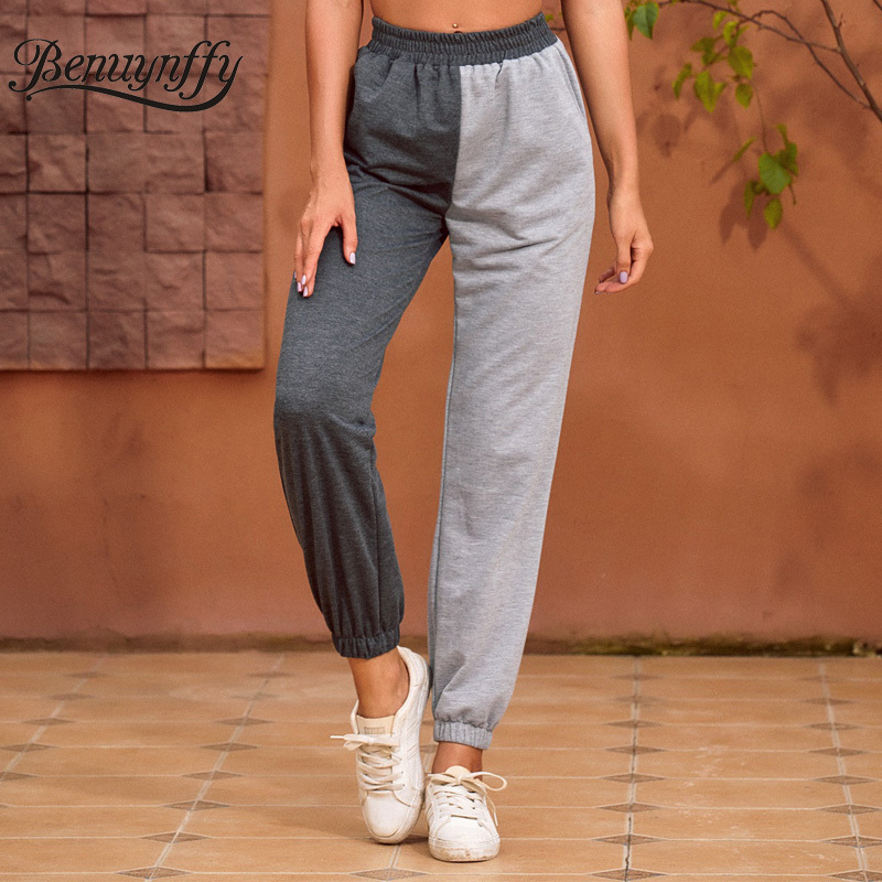 Autumn Winter Color Block Knitted Sweatpants Women Trousers Streetwear Casual High Waist Pants Female Sports Joggers 210510