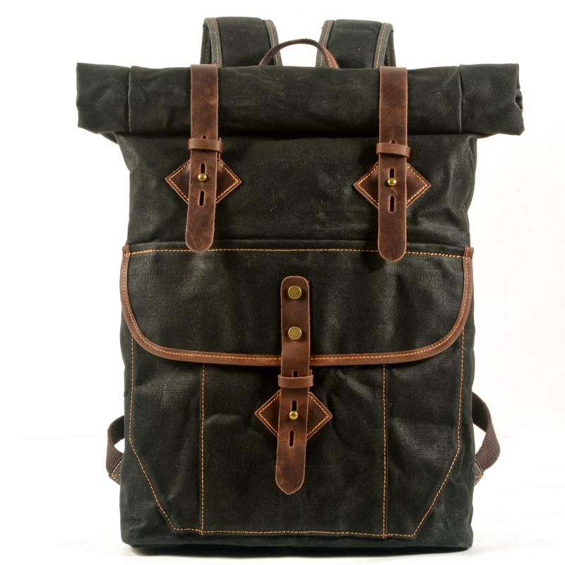 Roll Top Backpack Leather Waxed Canvas Retro Hiking Bag Anti Theft Travel Waterproof Men Laptop Bags