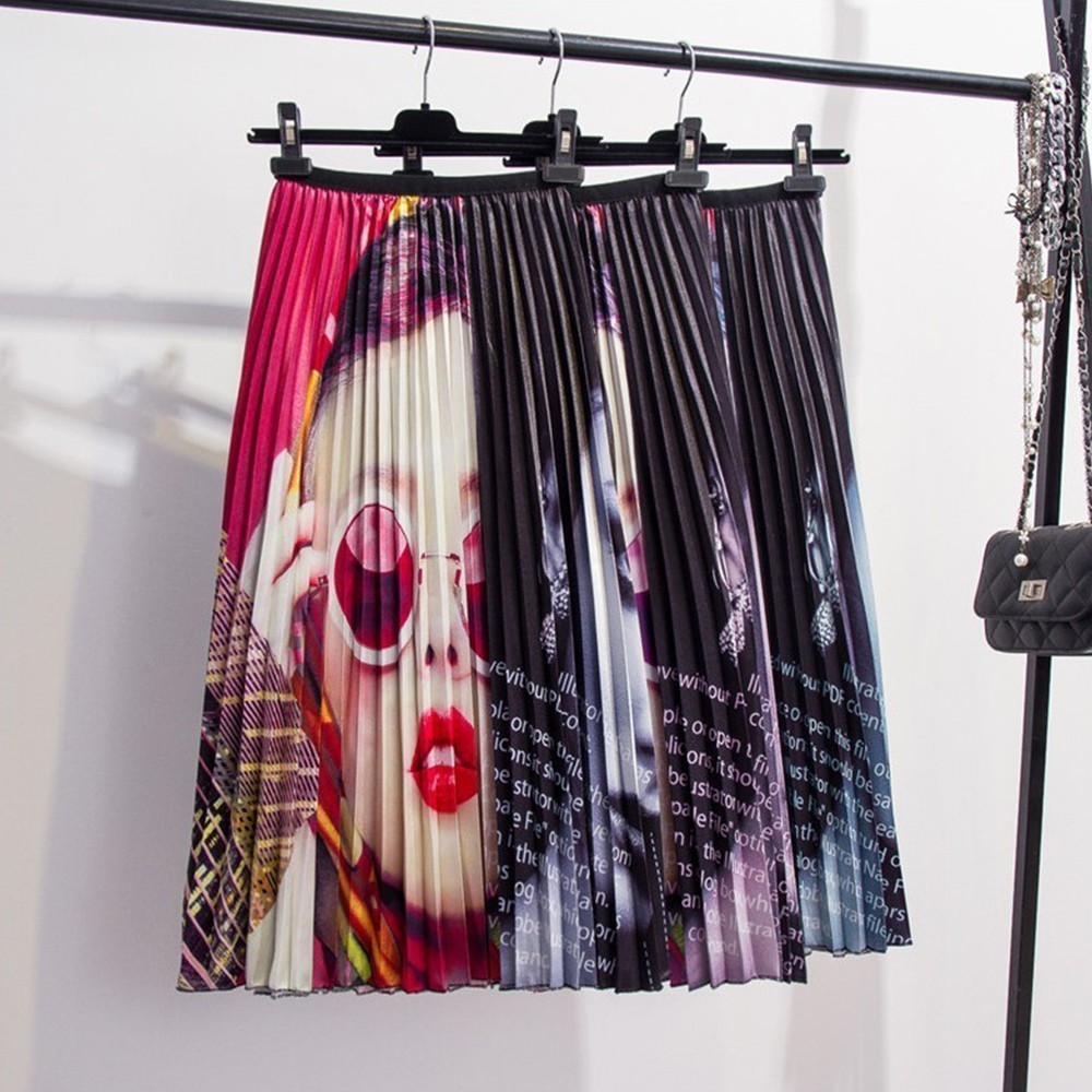 Women Fashion Girl Print Skirts Cartoon Pattern High Elasticity Pleated Midi Shirt Street A-Line Shirts Plus Size 210428