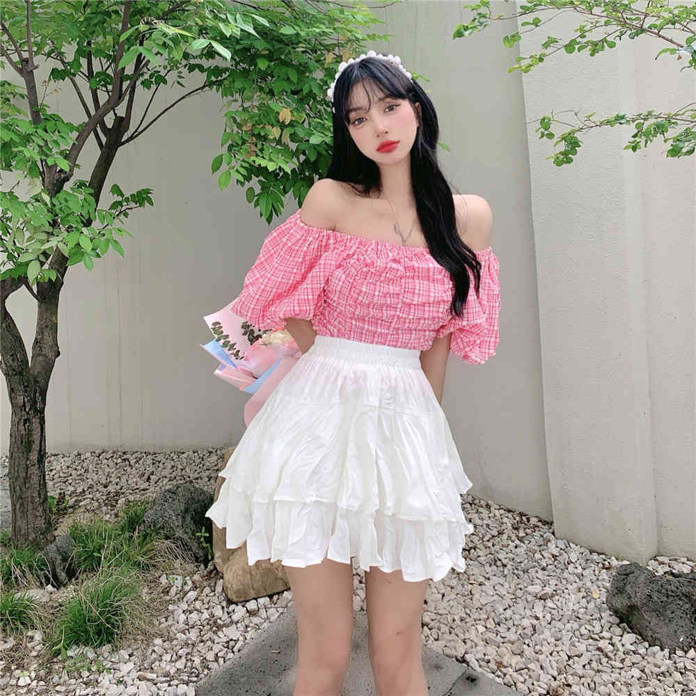Summer Two Piece Set Women Korean Pink Plaid Slash Neck Shirt Top + White Cake Mini Skirt Casual Elegant Sweet Suit 210519