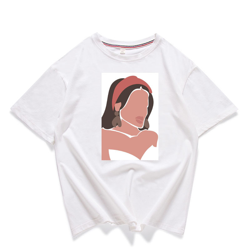 Harajuku Portrait Printed Women's T-shirt Side Face Women Wear Earring Short Sleeve Round Neck Female Tee Shirts Chic Tops 210507