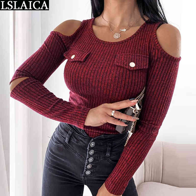 Fashion Knitted Tops Night Club Casual Pullovers Women Clothing Skinny Solid Color Hollow Out Off Shoulder Blusas De Mujer 210515