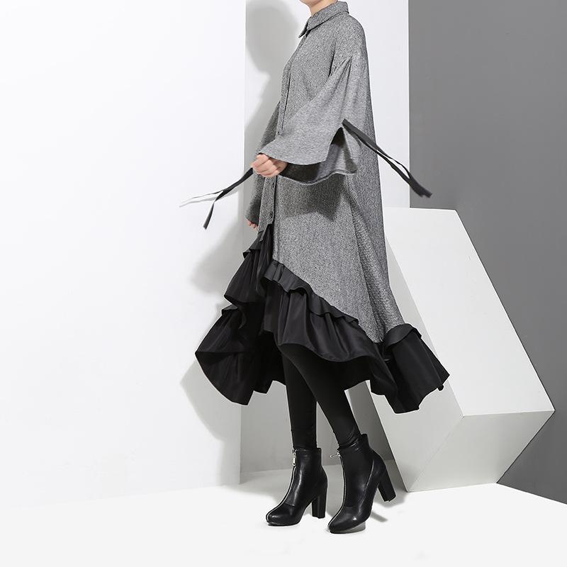Casual Dresses Women Dress Elegant Irregular Hem Spring And Autumn Temperament Loose Ruffle Solid Flare Sleeve Lugentolo