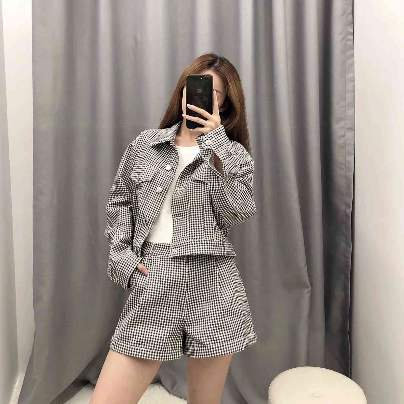Women Houndstooth Demin Cropped Jacket Single Breasted Casual Outwear Coat Chic Female Streetwear 210521