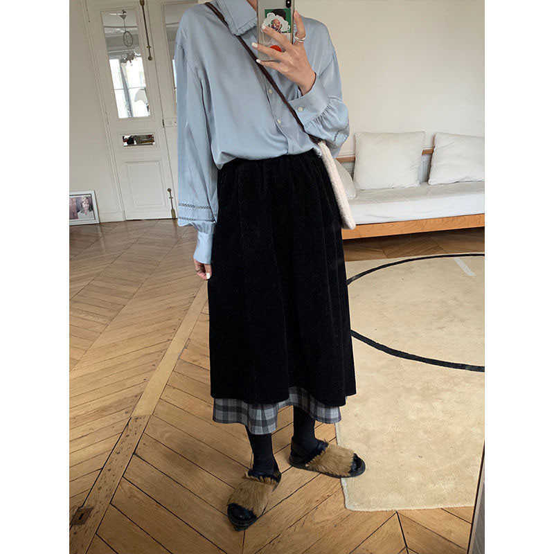 Japanese Spring Women Corduroy Plaid Long Skirt Korean Ladies Elastic Casual High Waist A-Line Skirts Fashion Streetwear 210619wtt