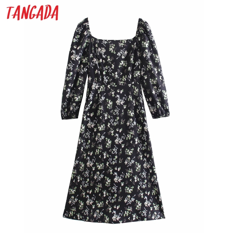Fashion Women Flowers Print Puff Long Sleeve Square Collar Casual Female Midi Dress 2W75 210416