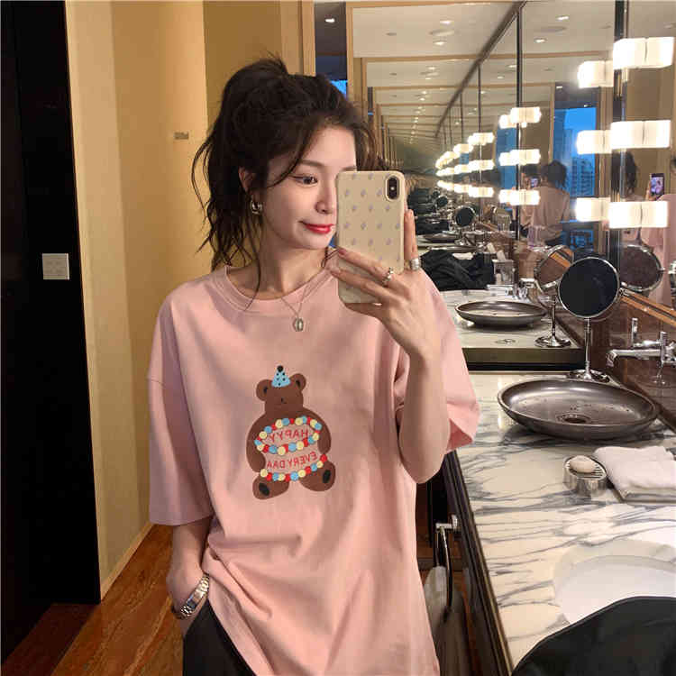 2colors Summer women tops korean style Cartoon Bear short sleeve t-shirts womens tee shirt femme (N0070) 210423