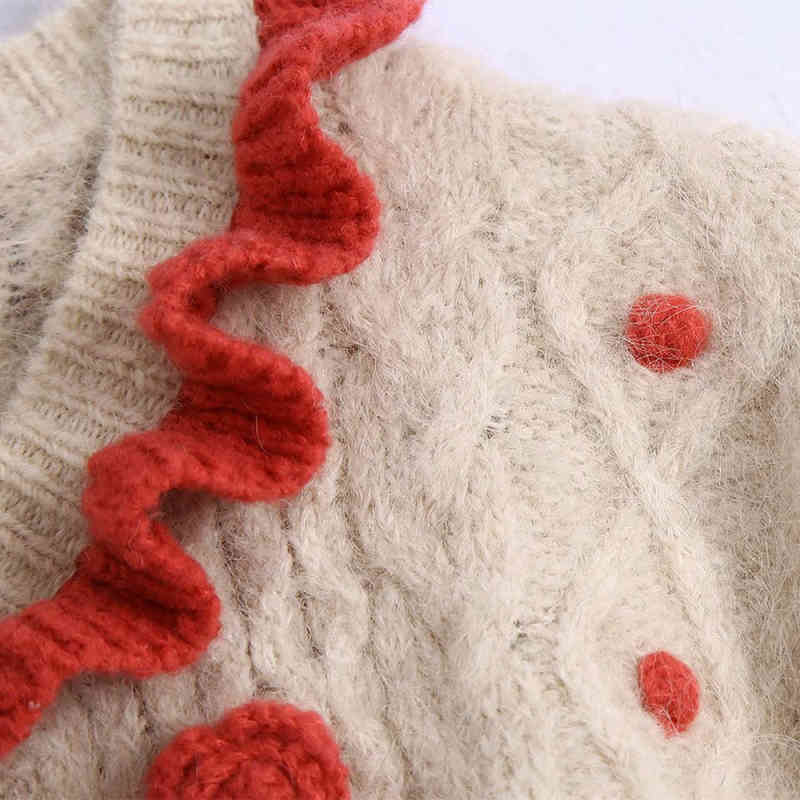 Casual Woman Beige Appliques Knitted Cardigan Spring Autumn Fashion Ladies Soft Patchwork Sweaters Girls Sweet Knitwear 210515