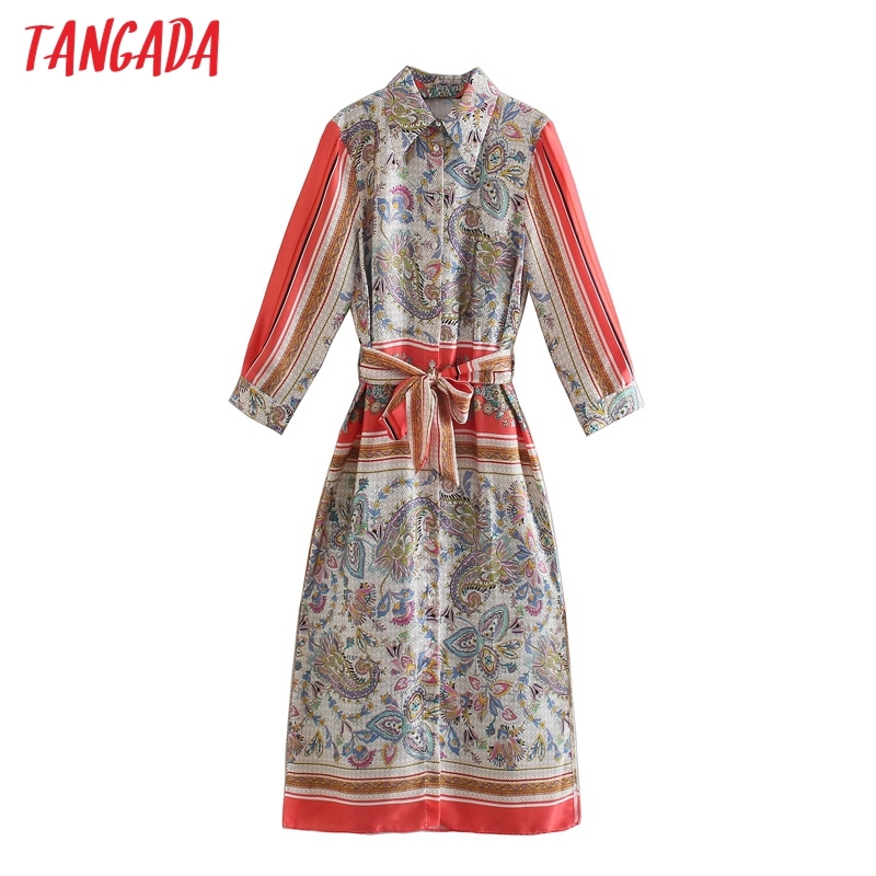 Spring Fashion Women Flowers Print Shirt Long Sleeve Office Ladies Midi Dress with Slash 5Z81 210416