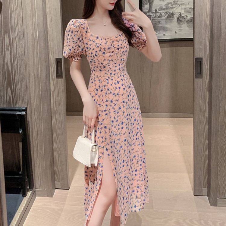 Korean Summer Elegant Women Square Collar Puff Sleeve Floral Chiffon Dress Vestidos Retro High Waist Slim Sexy Split 210519